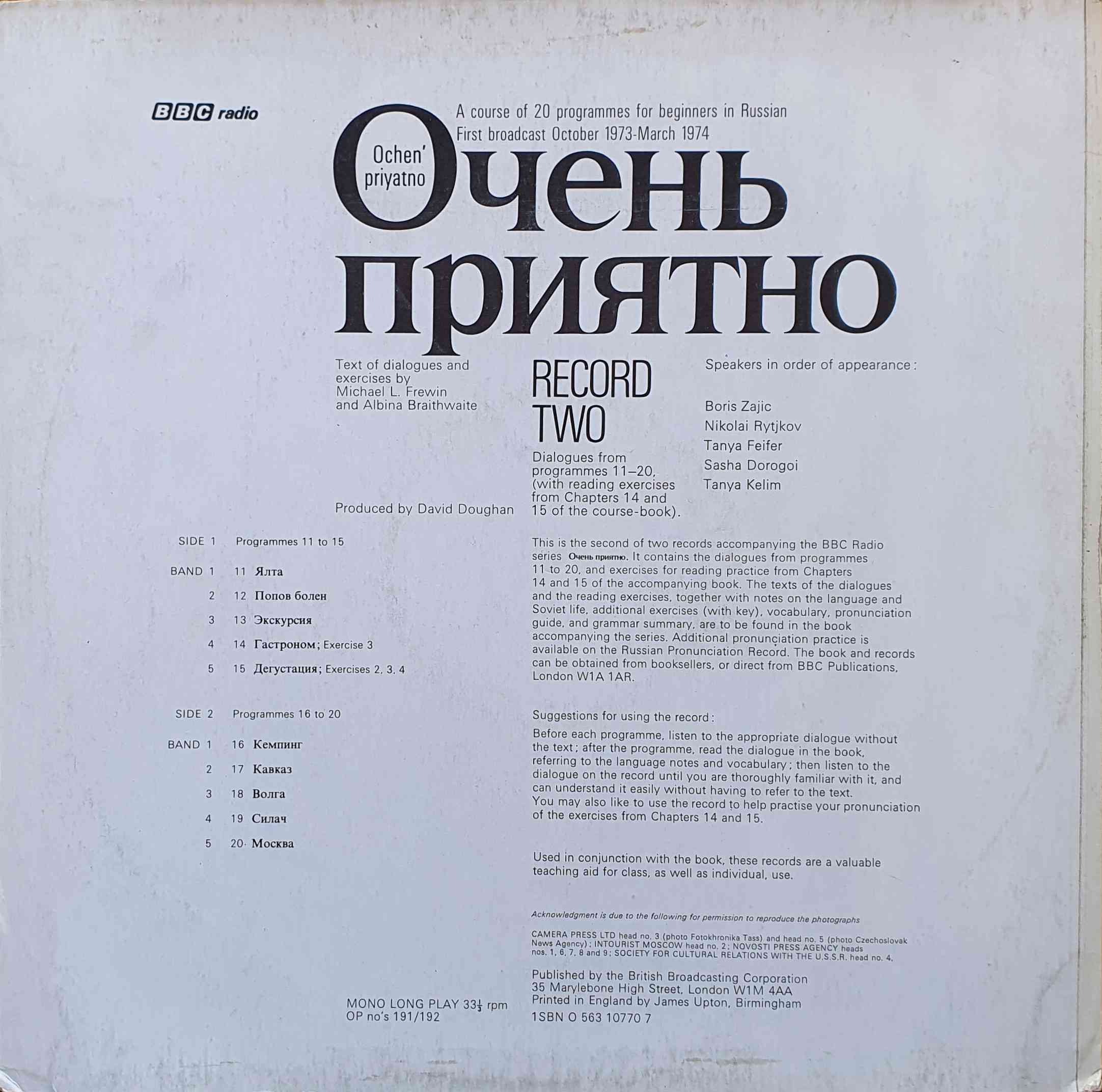 Picture of OP 191/192 Ochen' priyatno Record 2 - A BBC Radio course for beginners in Russian - Record 2 - Programmes 11 - 20 by artist Michael L. Frewin / Albina Braithwaite from the BBC records and Tapes library